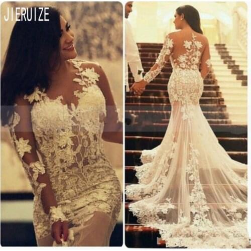 JIERUIZE Sexy Lace Appliques Luxury Mermaid Wedding Dresses Long Sleeves Sheer Back Illusion Boho Wedding Gown vestidos de novia