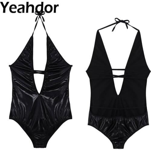 Women Sexy Lingerie Bodysuit Jumpsuit Deep V Neck Halter Neck Straps Self Tie Back Backless Cross Straps Underwear Nightwear