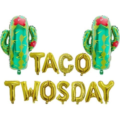 13pcs/lot 16inch Gold Silver Cactus Goblet Letter "TACO TWOSDAY" Aluminum Balloon Mexican Carnival Summer baby Party Decoration