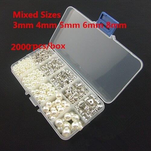 2000pcs Box Packed 3.4.5.6.8mm White Color Faux Imitation Pearl Beads + Silver Back Clear Crystal Sew On Rhinestones +Hole HZ-01