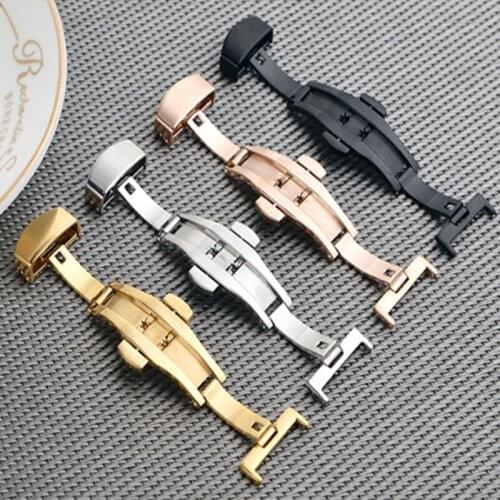 316L Semi Automatic Double Click Butterfly Buckle Watch Push Button Fold Deployment Clasp Silver Watchband Strap 12-24mm