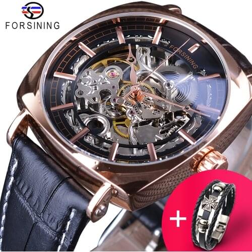 Forsining Watch +Bracelet Set Combination Black Genuine Leather Gold Clock Transparent Skeleton Men Automatic Mechanical Watches
