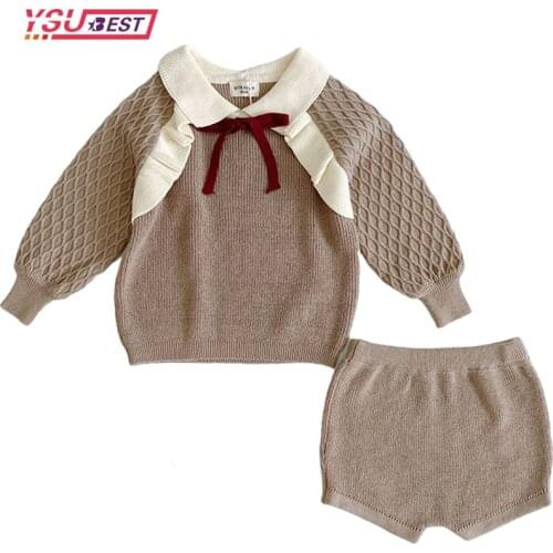 1-5Yrs Children Baby Clohting Knit Set Autumn Princess Bow Set Fashion Baby Girls Clothes Long Sleeve Sweater +PP Shorts Sets