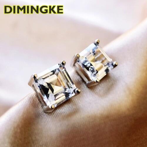 DIMINGKE 7*7 Square Super Flash 5A Zirconium Diamond Stud Earrings 100%-S925 Silver Woman Jewelry Wedding Party Birthday Gift