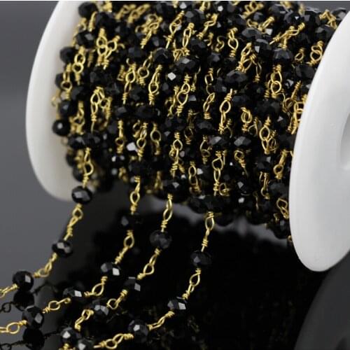 DIY 5Meter Black Faceted Glass Beaded Chain,Black onyx Wire Wrapped Chain Beaded,Rosary Style Women Necklace Jewelry Findings