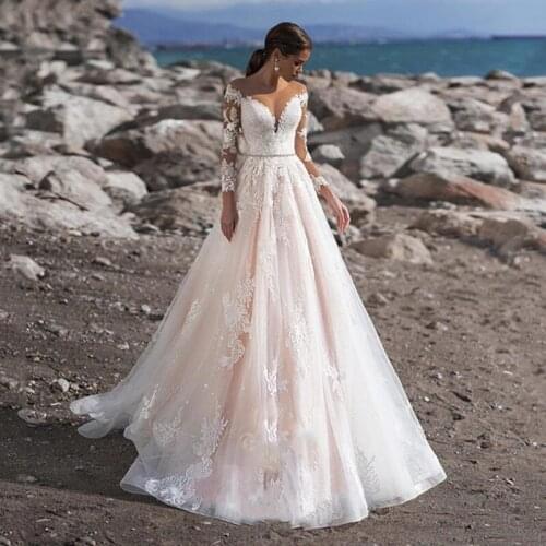 Tulle Wedding Dress With Beads Belt A-line Illusion Lace Appliques Long Sleeves Boho Bridal Dress Plus Size Wedding Gowns