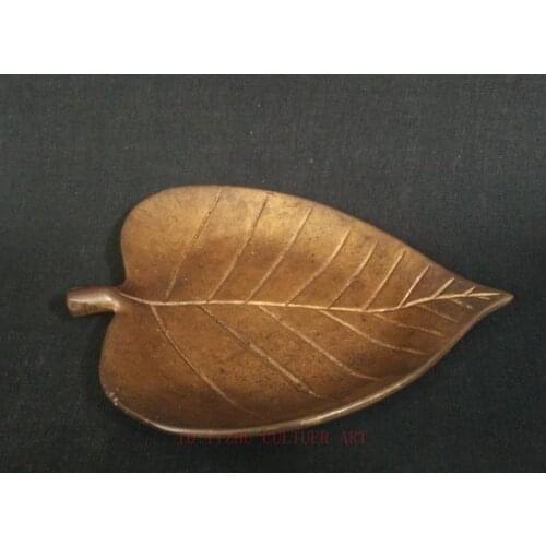YIZHU CULTUER ART Unique Collection Old China Bronze Carving Leaf Form Writing-brush Washer Plate Family Decoration Gift