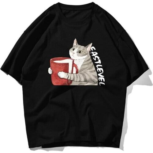 2021 Summer New Super Fire Pure Cotton Cat Print Short-sleeved T-shirt Retro Japanese Style Loose Oversized Casual Fashion