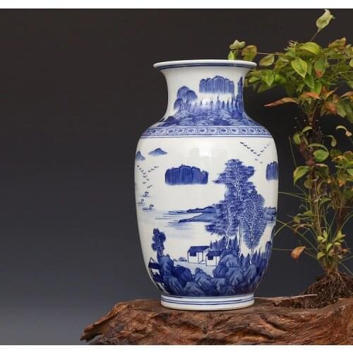 Qing Kangxis Handpainted blue and white landscape vase antique porcelain ancient porcelain collection