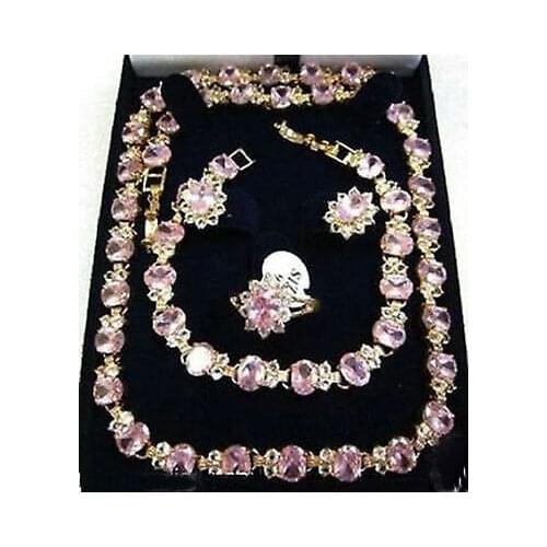 Beautiful pink crystal necklace bracelet earring ring set>AAA GP Plated gold Bridal wide watch wings queen JEWE