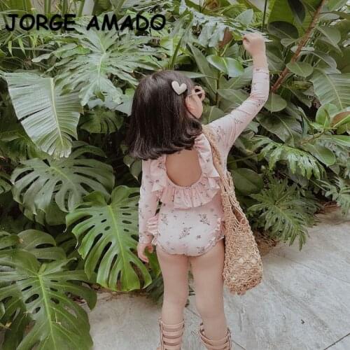 2021 New Summer Kids Girls Swimwear 1-pcs Open Back Floral Print Swimsuit with Cap Hot Spring Beach Wear Cute Style E1002