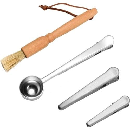 4Pcs Coffee Tool Set Cleaning Brush Stainless Steel Grinder Spoon Clips with Storage Bag for Home Kitchen