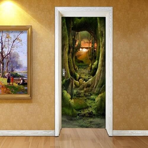 Nature Landscape Forest Door Wall Sticker Living Room Kitchen PVC Self-Adhesive Waterproof Sticker On The Doors Wallpaper Mural
