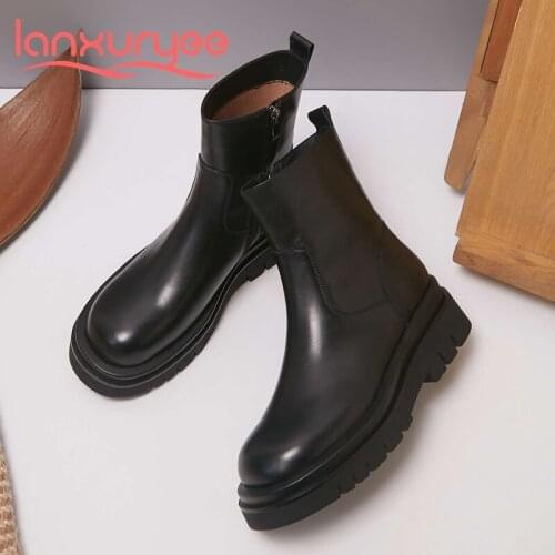Lanxuryee hot thick bottom Chelsea boots British style cow leather round toe young lady streetwear classic solid ankle boots L29