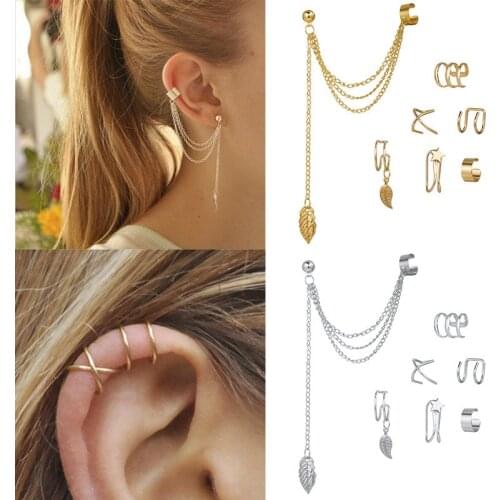 7pcs Fashion Gold Star Leaves Non-Piercing Ear Clip Earrings For Women Simple Fake Cartilage Ear Cuff Jewelry Clip Accessories