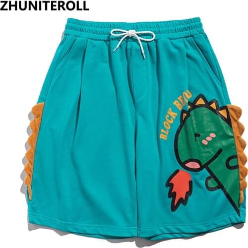 Kanji Shorts Men Cartoon Funny Dinosaur Elastic Shorts Streetwear Hip Hop Harajuku Jogger Shorts Summer Track Short Sweatpant
