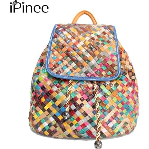 IPinee Vintage Leather Colorful Handmade Woven Women Backpack Genuine Leather Female School Knapsack Travel Bags