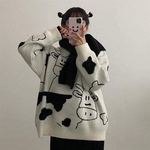 Vintage Casual Cow Print Sweater Women Winter O Neck Loose Lazy Sweater Femme Korean Harajuku Knitted Pullover Cute Sweet Jumper