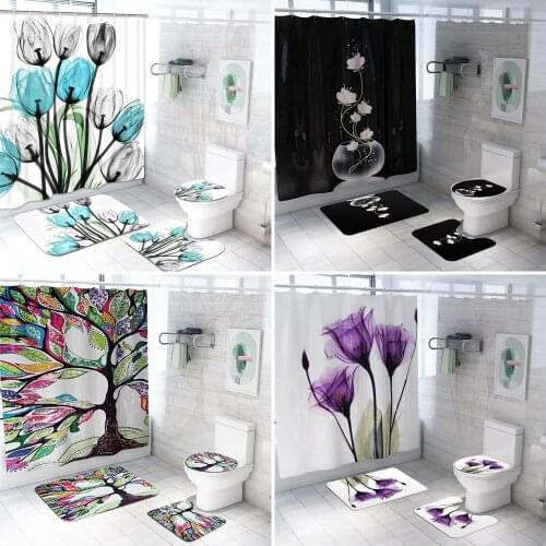 Colorful Tulip Lotus Flower Tree Waterproof Shower Curtains Bathroom Curtain Set Non-Slip Rugs Toilet Lid Cover and Bath Mat