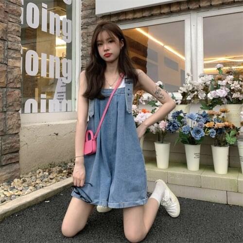 Sweet Girly Denim Jumpsuits Womens Summer High Waist Sling Loose Denim Shorts Kawaii Cute Playful Girl Overalls Wide Leg Pants