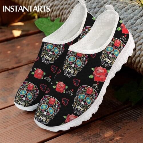 INSTANTARTS Retro Funny Skull Printed Women Flats Shoes Casual Slip On Summer Sneaker Female Nursing Shoes Lightweight Footwear