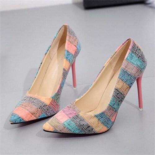 Color Matching Women Shoes Printed Sexy Stilettos High Heels Shallow Pointed Toe Zapatos De Mujer High Heels Pumps Plus Size