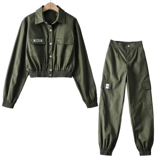 Aonibeier 2021 Za Woman Casual Traf Outfits Female Autumn Cropped Bomber Jacket + Ankle Length Cargo Pants Suits 2 Piece Sets