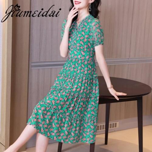 JiuMeiDai Women Summer Elegant A-Line Dress Office Lady Floral Print Robe Femme Vintage Designer Casual Party Clothing Vestidos