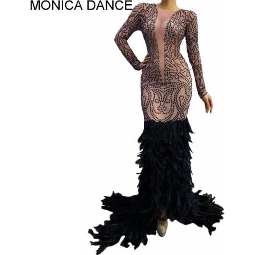 Women Sexy Black Rhinestone Feather Train Transparent Long Dress Birthday Celebrate Mesh Outfit Women Dancer Singer Prom Dress