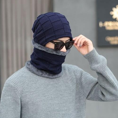 Winter Hot mens Hat Thickened and Velvet Warm Two-Piece Solid Color Hat Collar Street Tide Hat Wholesale