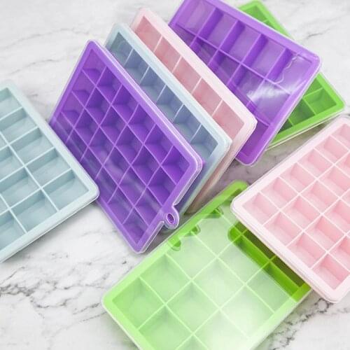 1pc Solid Color Ice Cube Tray Silicone 15 Cavity Flexible Ice Tray Maker Ice Cube Mold With Lid Ice Tools Accessories