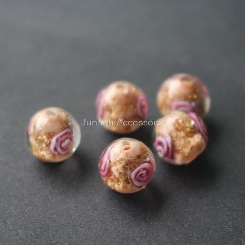 10Pcs/Lot 10mm 12mm Handmade Lampwork Flower Beads Champagne Color With Gold powder Japanese Style for jewelry
