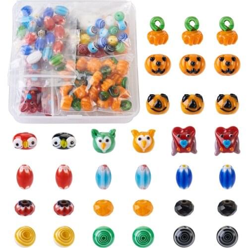 100pcs Handmade Lampwork Glass Halloween Pumpkin Owl Rondelle Oval Loose Spacer Beads for Bracelets Necklaces Jewelry Making