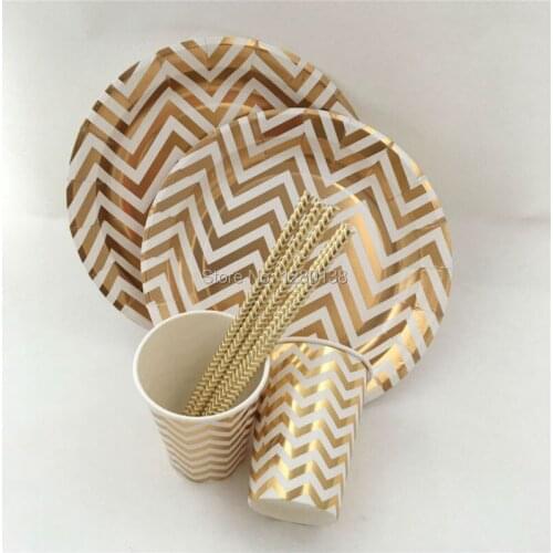1200pcs Disposable Tableware Metallic Gold Paper Drinking Straws Silver Chevron Paper Plates Cupcake Cups for Party Birthday