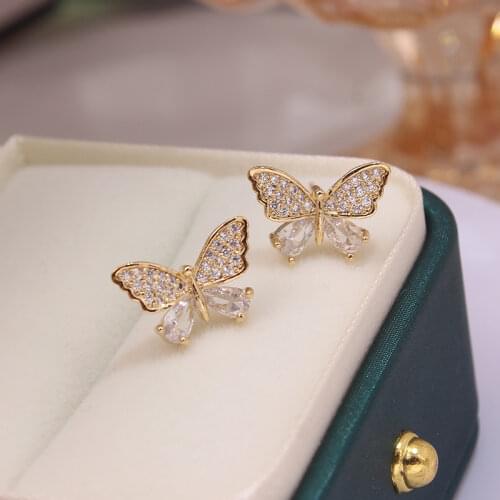 2021 New Arrival S925 Silver Needle Sweet Butterfly Stud Earrings For Women 14K Real Gold Jewelry Zircon Earrings