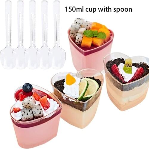 25Pcs 150ml Dessert Cups Plastic Heart-shaped Mousse CupCake Disposable Plastic Tableware Wedding Supplies andSpoons