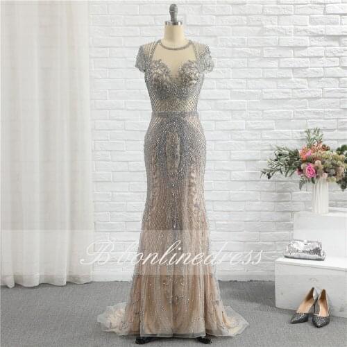 Bbonlinedress Luxury Crystal Beaded Evening Dress Long Mermaid Cap Sleeve Evening Gown Competition Formal Party Dresses