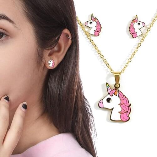2020Cartoon Cute Pink Horse Unicorn Design Enamel Stainless Steel Gold Color Necklaces earring Set Fashion Jewelry Kids Gift