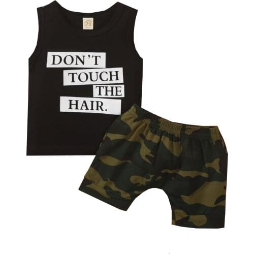 2Pcs Baby Boy Summer Outfits Stylish Letter Print Crew Neck Sleeveless Tops + Camouflage Elastic Waist Shorts Set