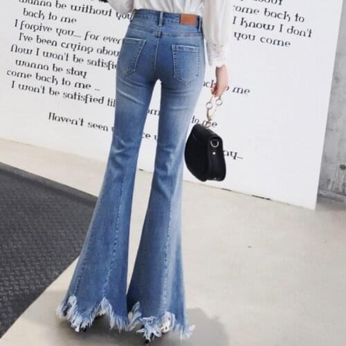 Fashion 2021 Tassel Flare Jeans Women Light Blue Spring Vintage High Waist Slim Denim Trousers Office Lady Zipper Jeans 24-29