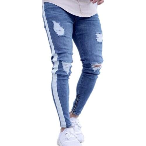 New style mens jeans trend knee hole zipper trousers plus size S--4XL