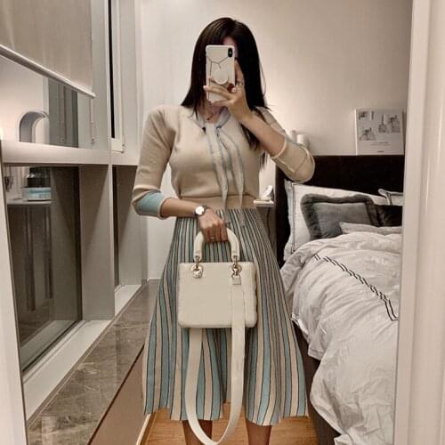Women New Knitting Crop Jumpers and Skirts 2pcs Suits Winter stripe Midi Skirt Thin Knitted Graceful Suits