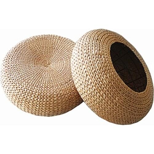 Beach House Woven Wicker Seagrass Low Table Footstool or Ottoman Furniture Piece Round Cushioned Top Stool