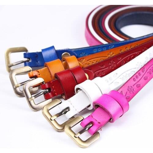 2019 New Thin Genuine Leather Dress Belt for Women Jeans Dress Luxury Strap Female Floral Carved Vintage Pin Buckle Belts