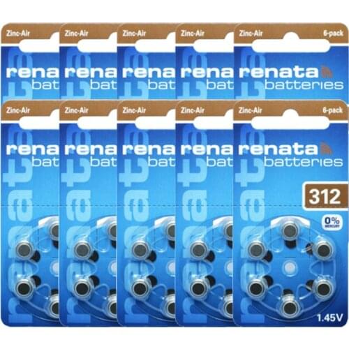 RENATA 60pcs 10packs Zinc air Size 312 P312 PR41 Hearing Aid Batteries