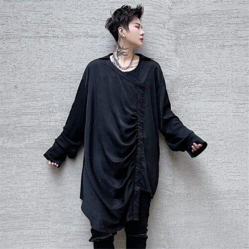 Pleated Asymmetrical Shirt Men Spring Summer Oversized Hip Hop Punk Long Shirts Man Fashion Street Blouse
