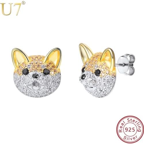 U7 Akita Pet Dog Animal Bulldog Stud Earrings 925 Sterling Silver Colorful CZ Earring Puppy Lover Jewelry with Gift Box SC169