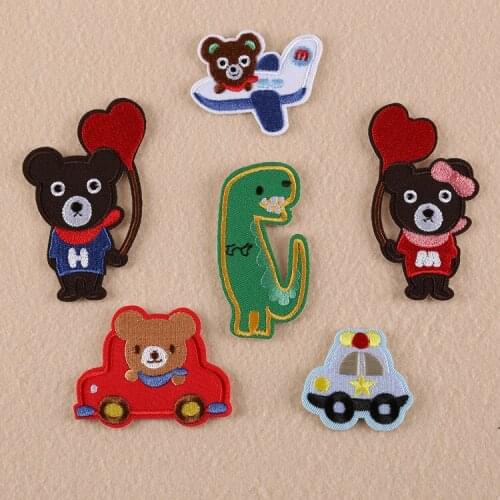 6Pcs/lot Cartoon Bear Dino Boy Girl Iron On Patches Embroidered Clothes Patch For Clothing Clothes