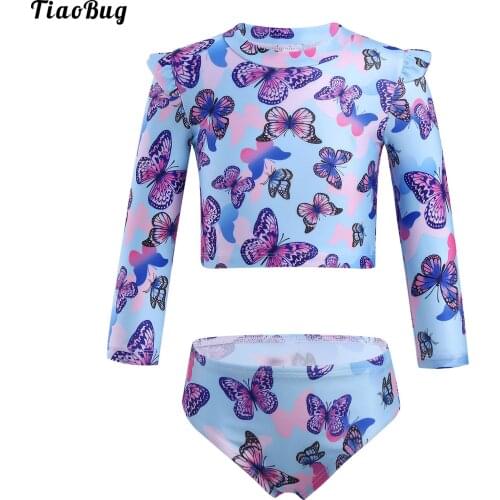 TiaoBug Summer 2Pcs Kids Girls Swimming Suit Round Neck Long Sleeves Tops And Briefs Set Beach Swimwear Bathing Suit