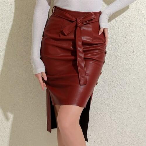 New Sexy Bandage Women PU Leather Skirt Fashion Solid Faux Leather Side Split Skirt Irregular Button Casual Bodycon Party Skirt